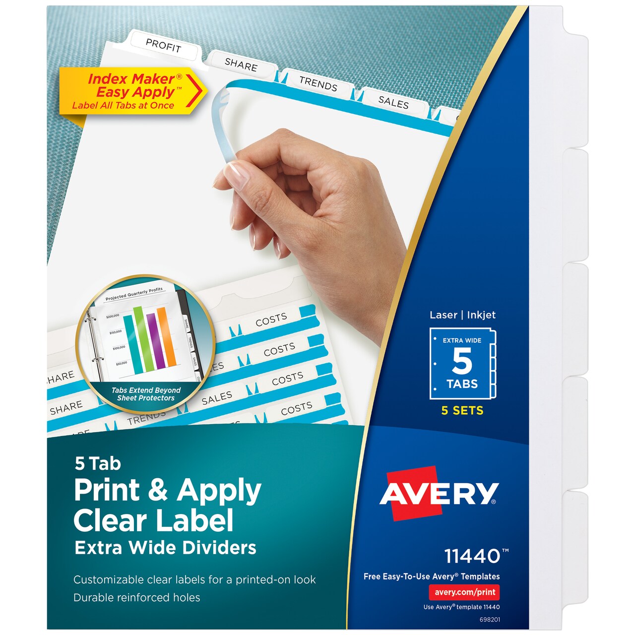 Avery 5 Tab Extra-Wide Dividers for 3 Ring Binder, Perfect for Use with Sheet Protectors, Easy Print & Apply Clear Label Strip, Index Maker Customizable White Tabs, 5 Sets (11440)